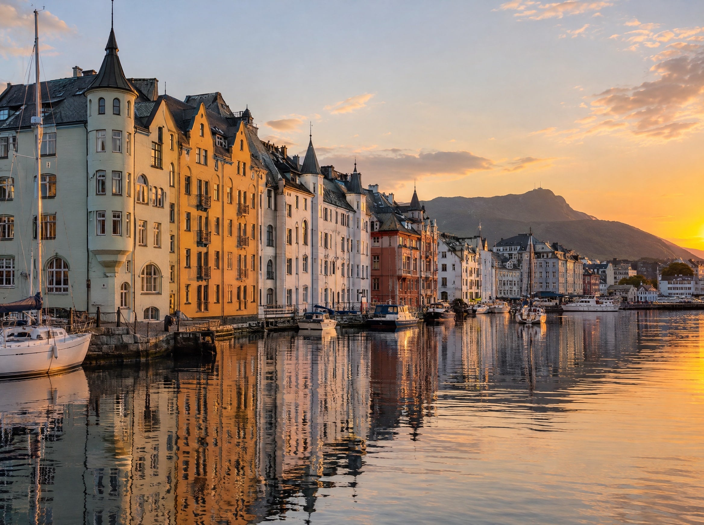 Jugendhus langs Brosundet i Ålesund i kveldssol